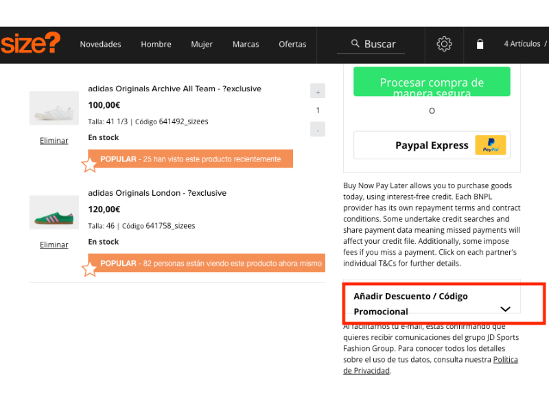 Size? código descuento