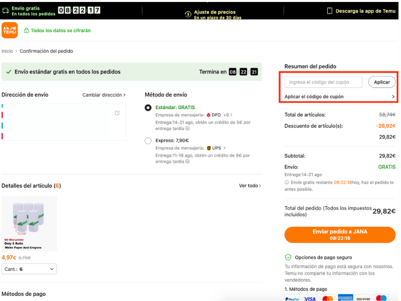 TEMU código descuento