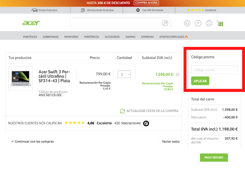 Acer código descuento