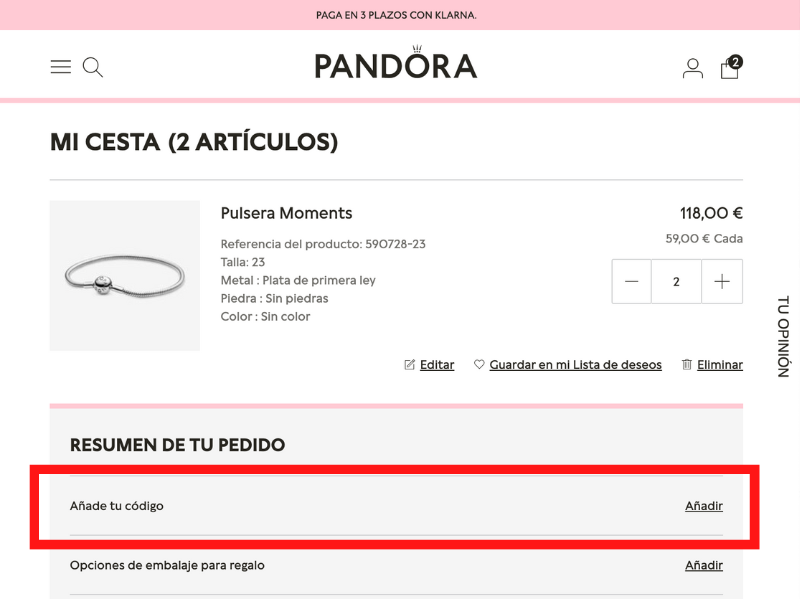 Pandora código descuento